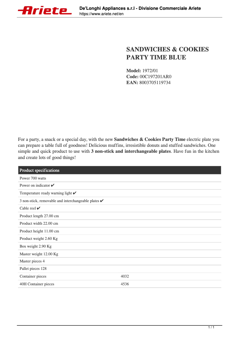 Page n°1 - Fiche technique Ariete Sandwiches & Cookies Party Time 1972