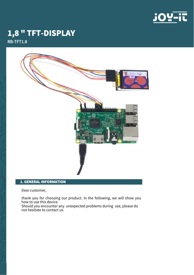 First page image of the manual for RB-TFT1.8