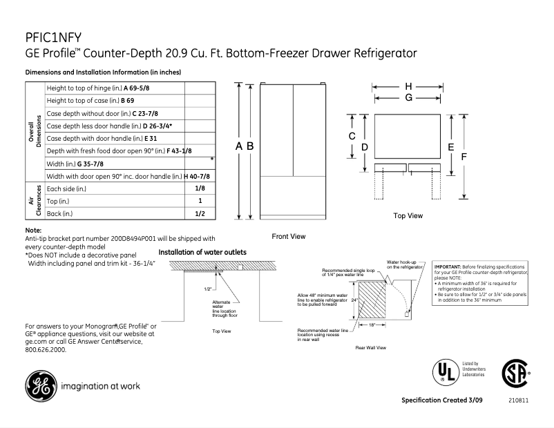 Page n°1 - Fiche technique GE Profile PFIC1NFYBV