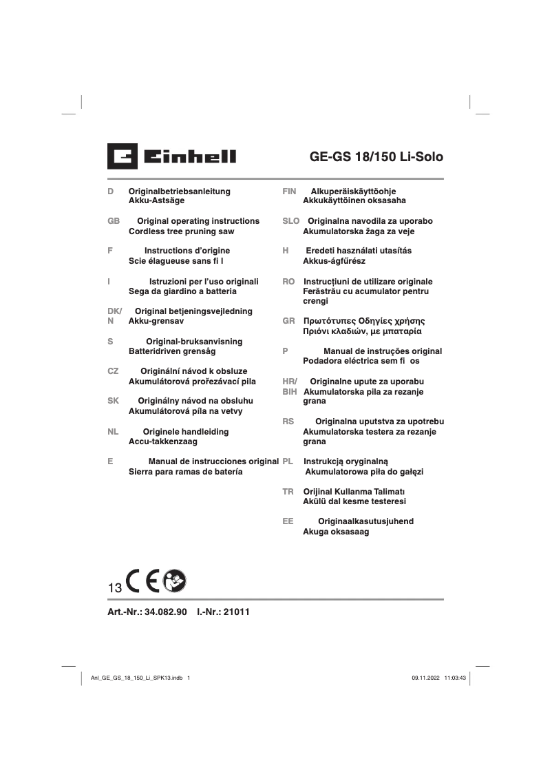 Page 1 de la notice Manuel utilisateur Einhell GE-GS 18/150 Li-Solo