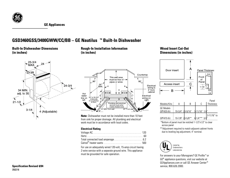 Page 1 de la notice Fiche technique GE GSD3400GCC