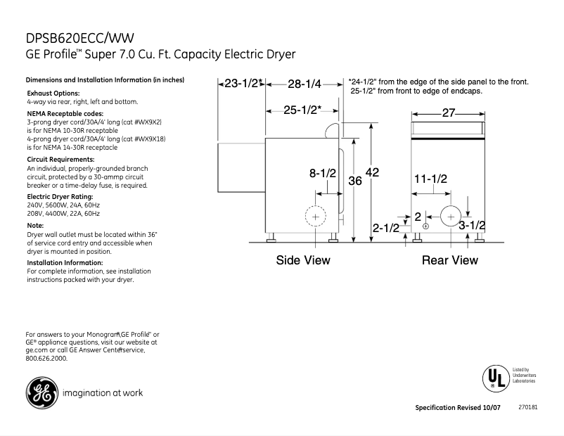 Page n°1 - Fiche technique GE Profile DPSB620ECWW
