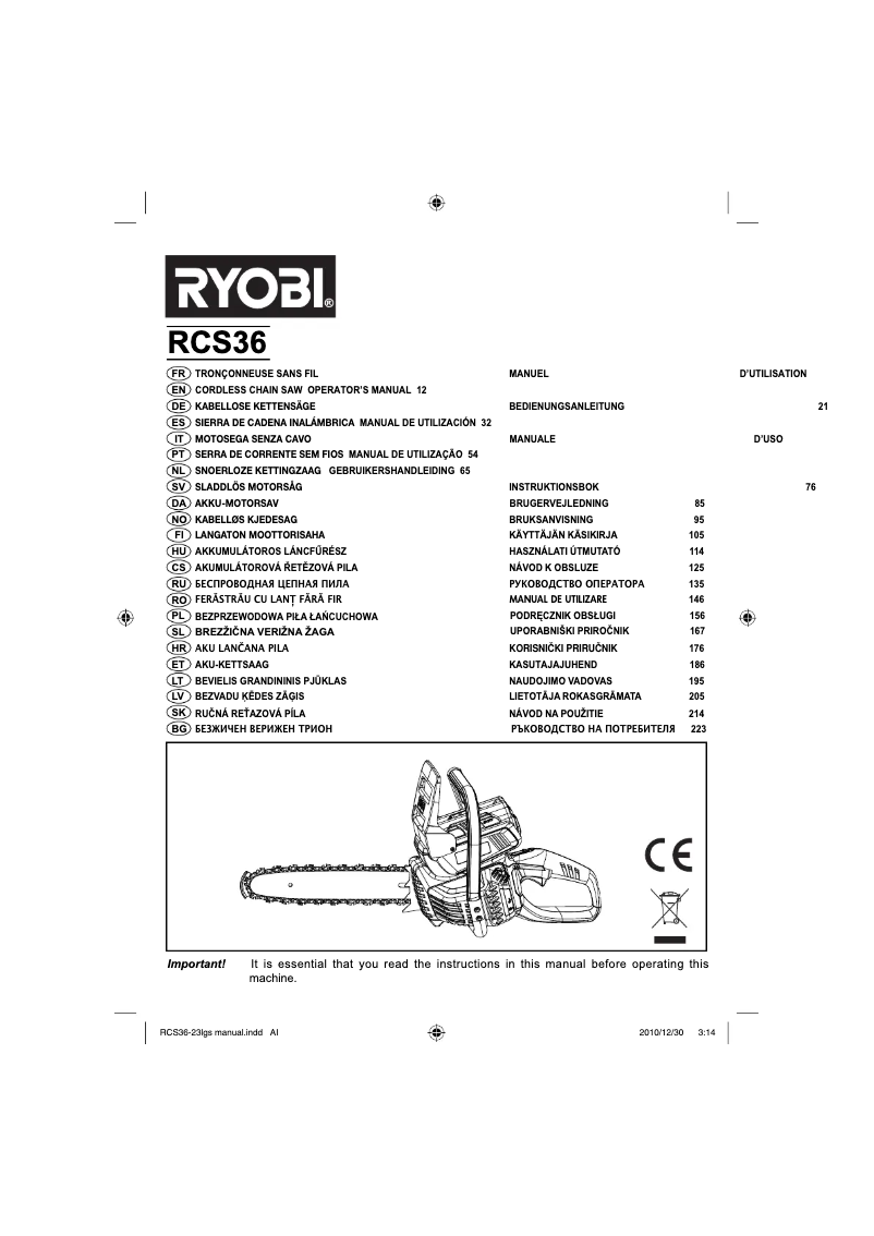 Page 1 de la notice Manuel utilisateur RYOBI RCS36