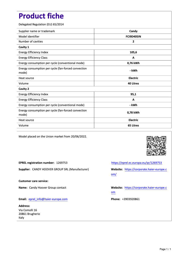Page n°1 - Manuel utilisateur Candy FCI9D405IN