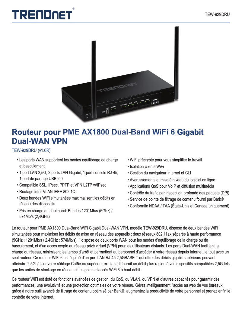 Page n°1 - Fiche technique TRENDnet TEW-929DRU