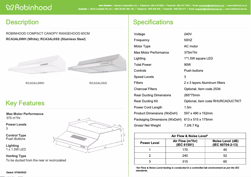 Page 1 de la notice Fiche technique Robinhood RCA3AL6WH