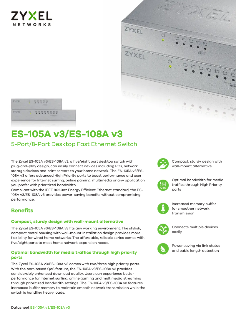 Page 1 de la notice Fiche technique ZyXEL ES-108A V3