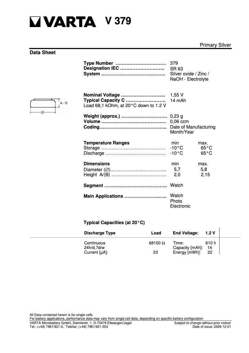 Página 1 del manual Manual de usuario Varta Primary Silver Button V379 / SR 63