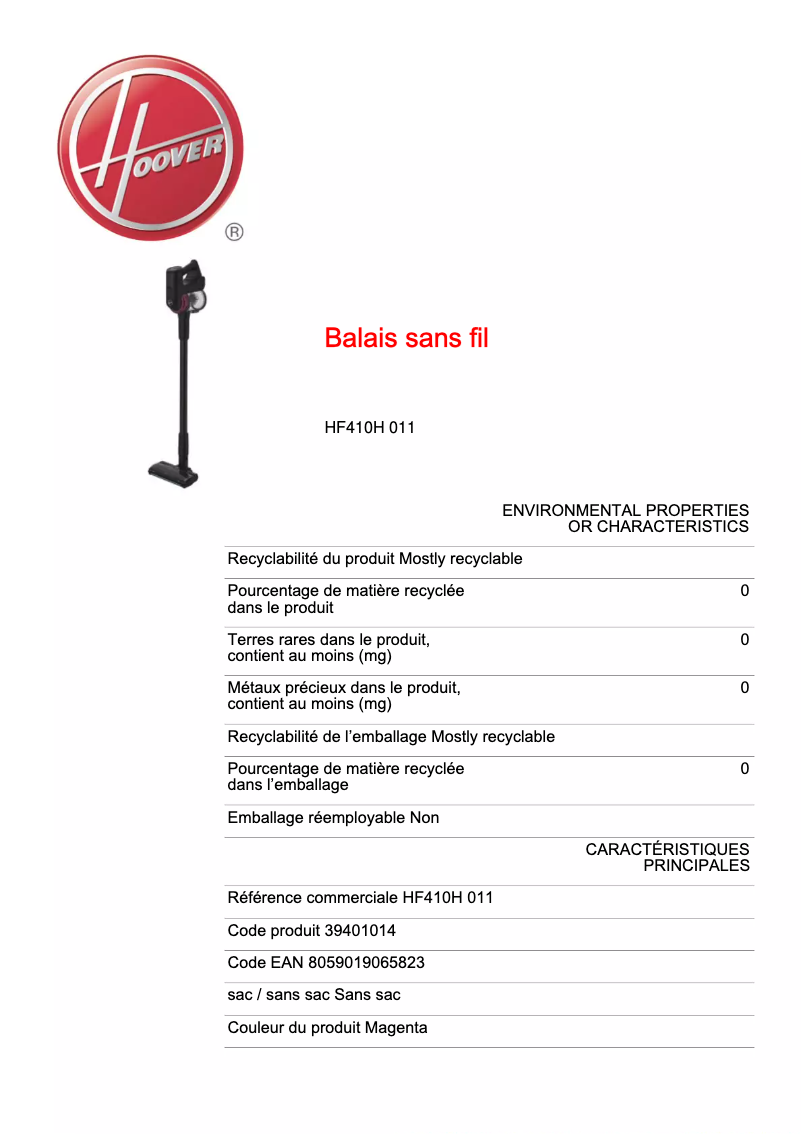Image de la première page du manuel de l'appareil H-FREE 100 HF410H