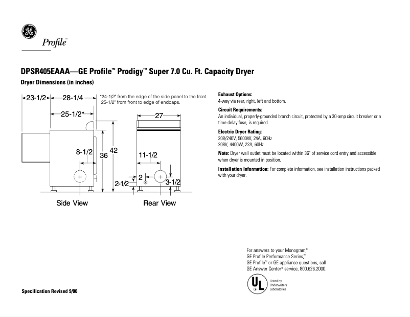 Page n°1 - Fiche technique GE Profile Prodigy DPSR405EAAA