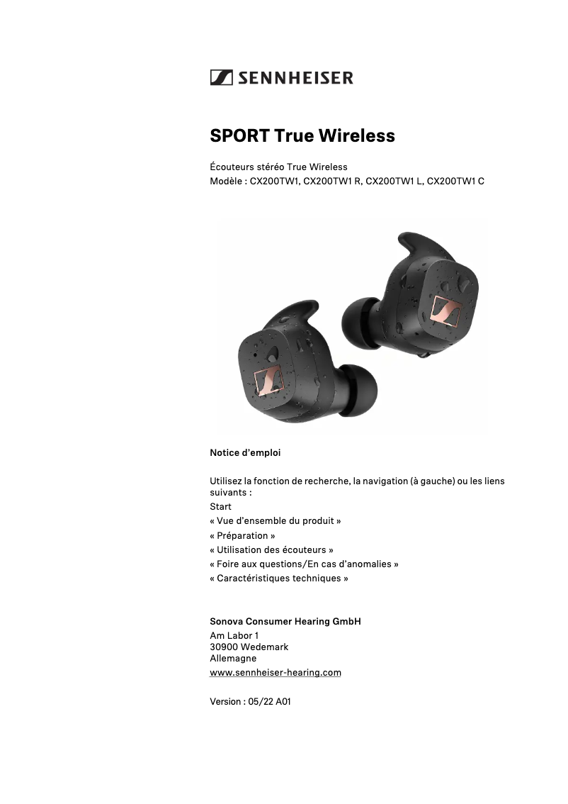 Page 1 de la notice Manuel utilisateur Sennheiser Sport True Wireless