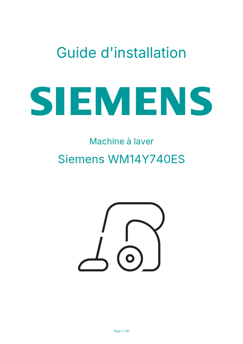 Page n°1 - Guide d'installation Siemens WM14Y740ES