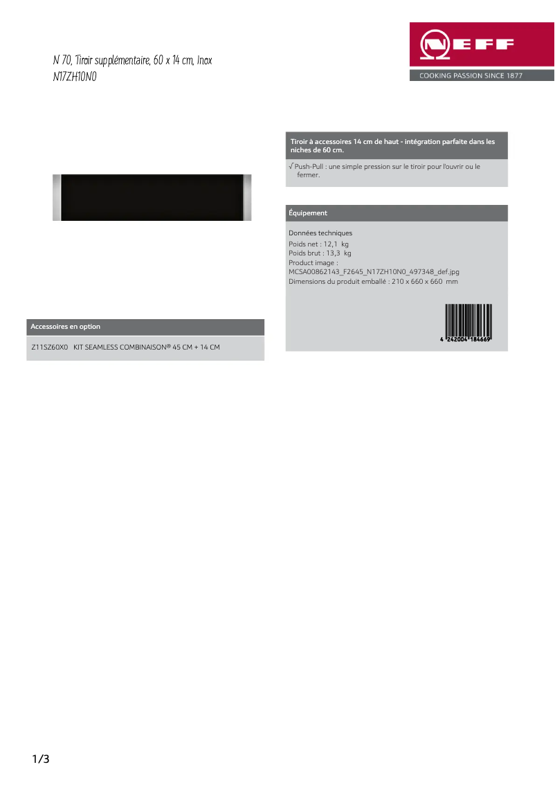 Page 1 de la notice Fiche technique Neff N17ZH10N0
