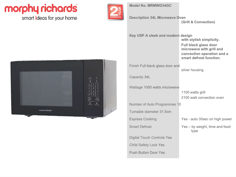 Page 1 de la notice Fiche technique Morphy Richards MRMWO34GC