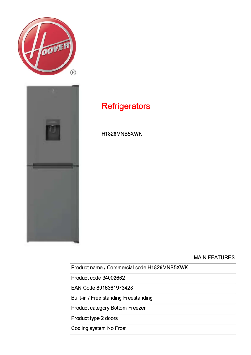 Page n°1 - Fiche technique Hoover H1826MNB5XWK