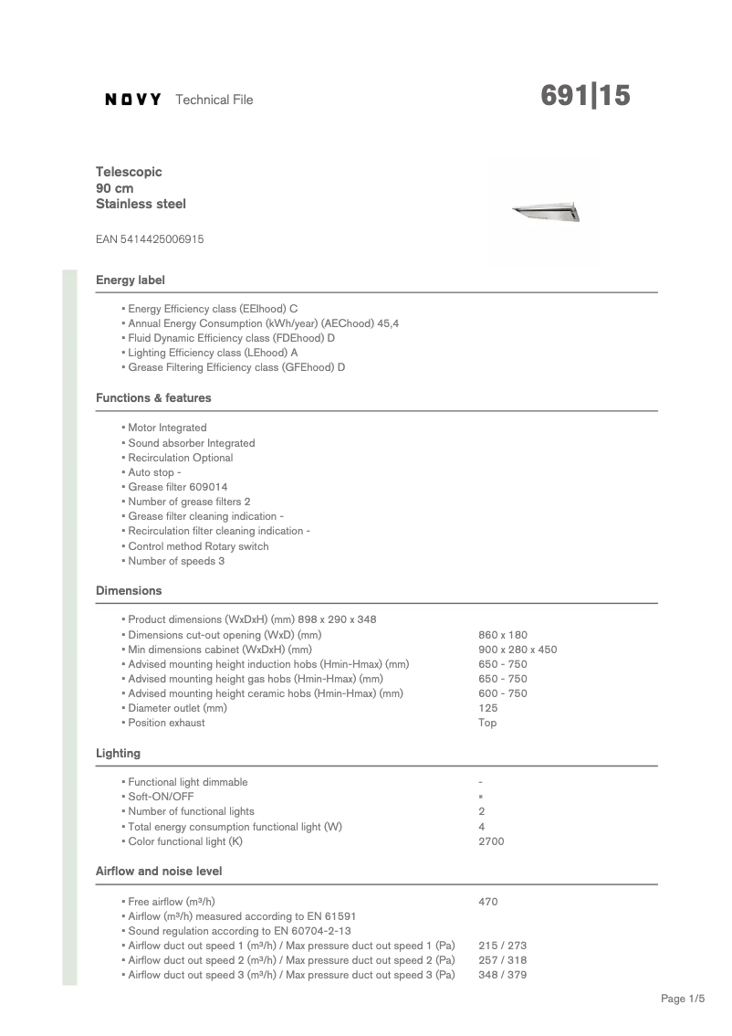 Page 1 de la notice Fiche technique Novy Telescopic Glass 691