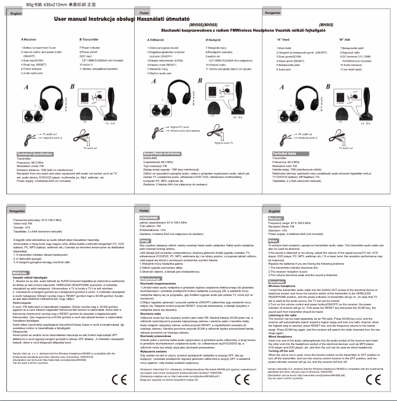 Page 1 de la notice Manuel utilisateur Vakoss MH968
