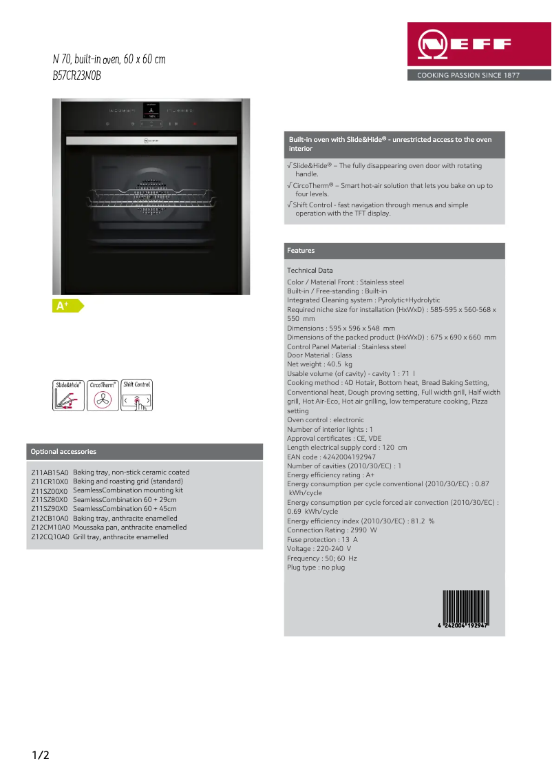 Page n°1 - Fiche technique Neff B57CR23N0B