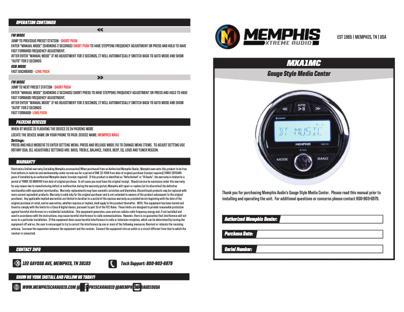 Page n°1 - Manuel utilisateur Memphis Audio MXA1MC
