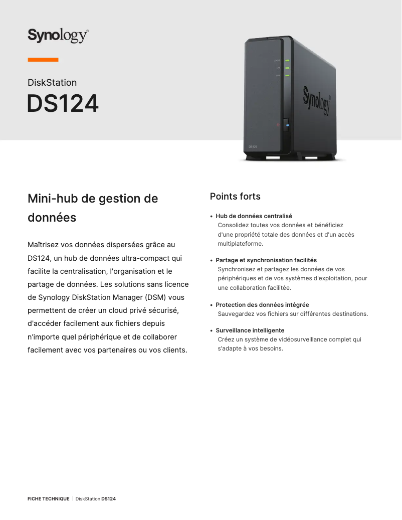 Page 1 de la notice Fiche technique Synology DiskStation DS124