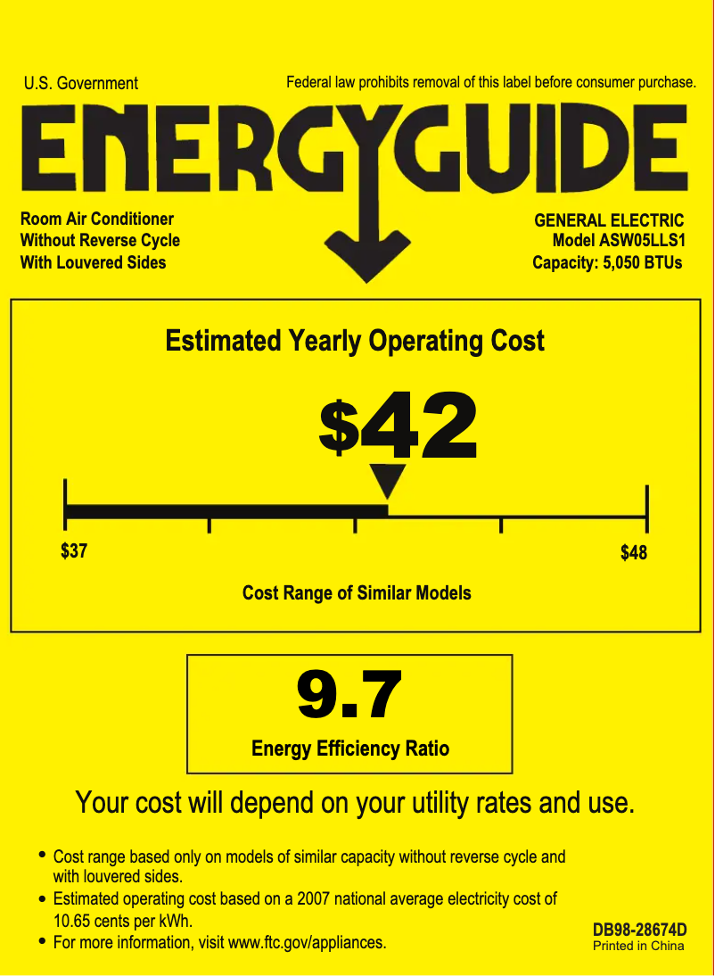 Page 1 de la notice Label énergétique GE ASW05LL