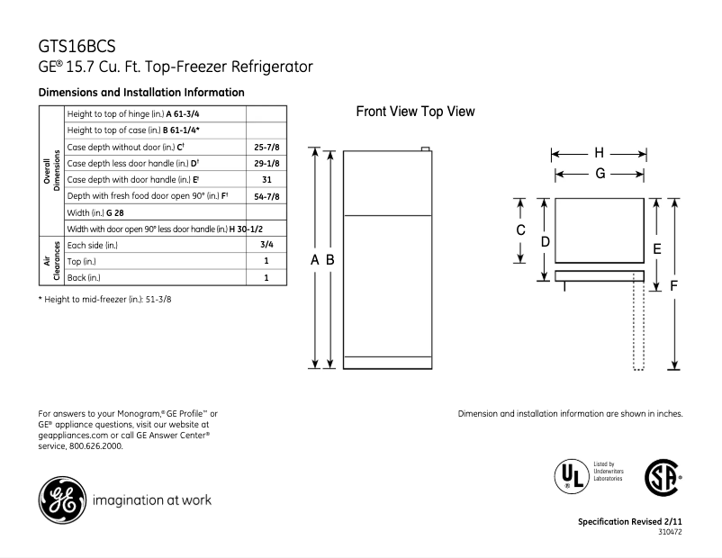Page n°1 - Fiche technique GE GTS16BCSRCC