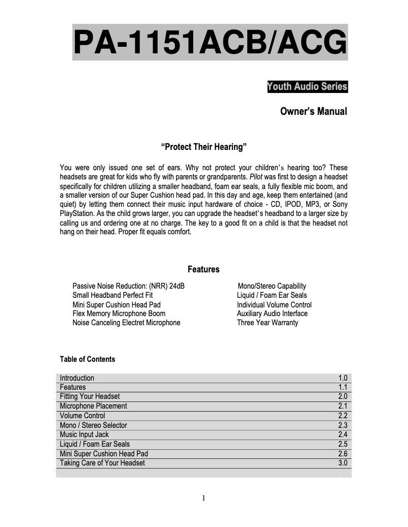 Page n°1 - Manuel utilisateur Pilot PA-1151ACB