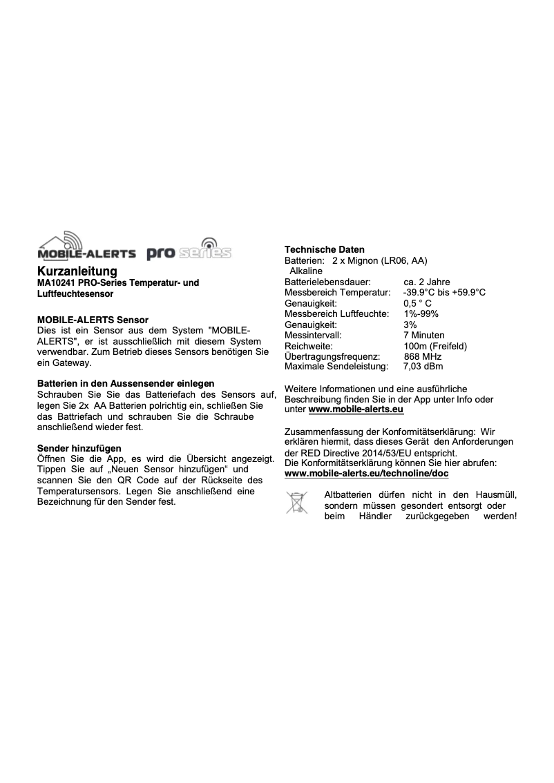 Page 1 de la notice Manuel utilisateur Techno Line MA 10241