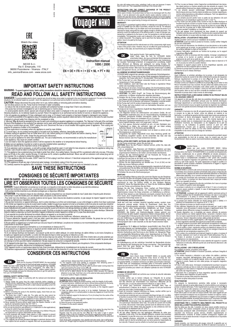 Page 1 de la notice Manuel utilisateur Sicce Voyager nano 1000