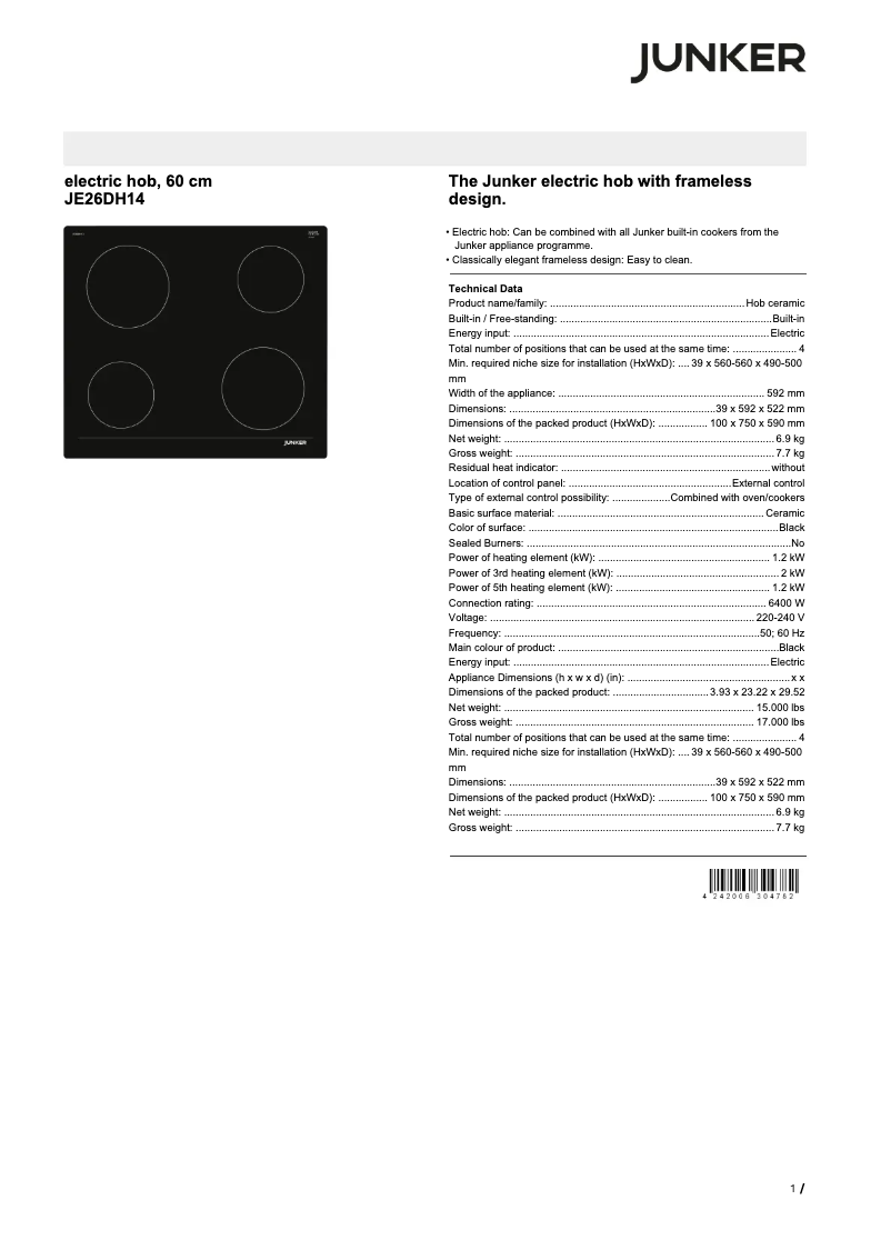 Page 1 de la notice Fiche technique Junker JE26DH14