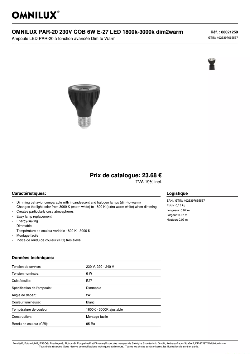 Page 1 de la notice Fiche technique Omnilux PAR-20