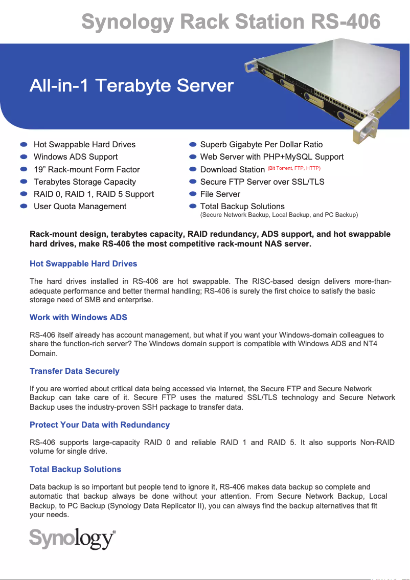 Página 1 del manual Ficha técnica Synology RS-406