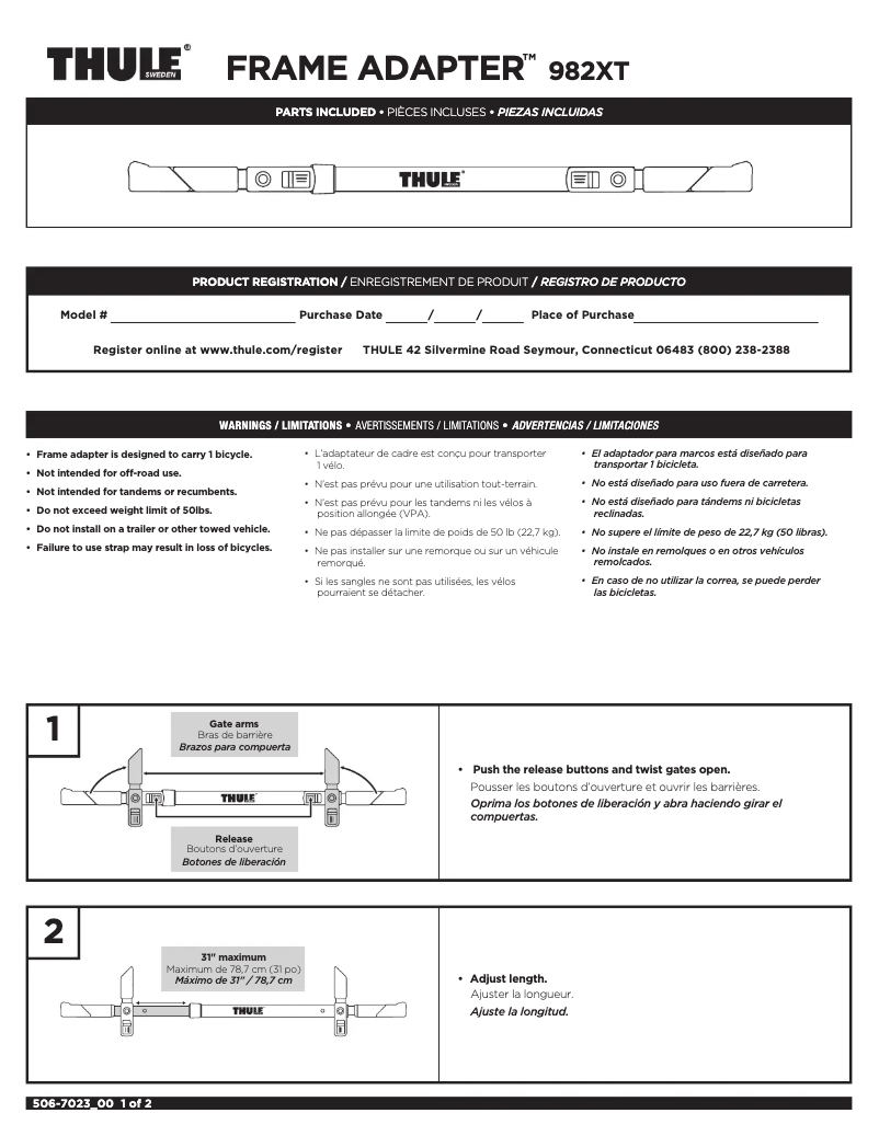 Page 1 de la notice Manuel utilisateur Thule Frame Adapter 982XT