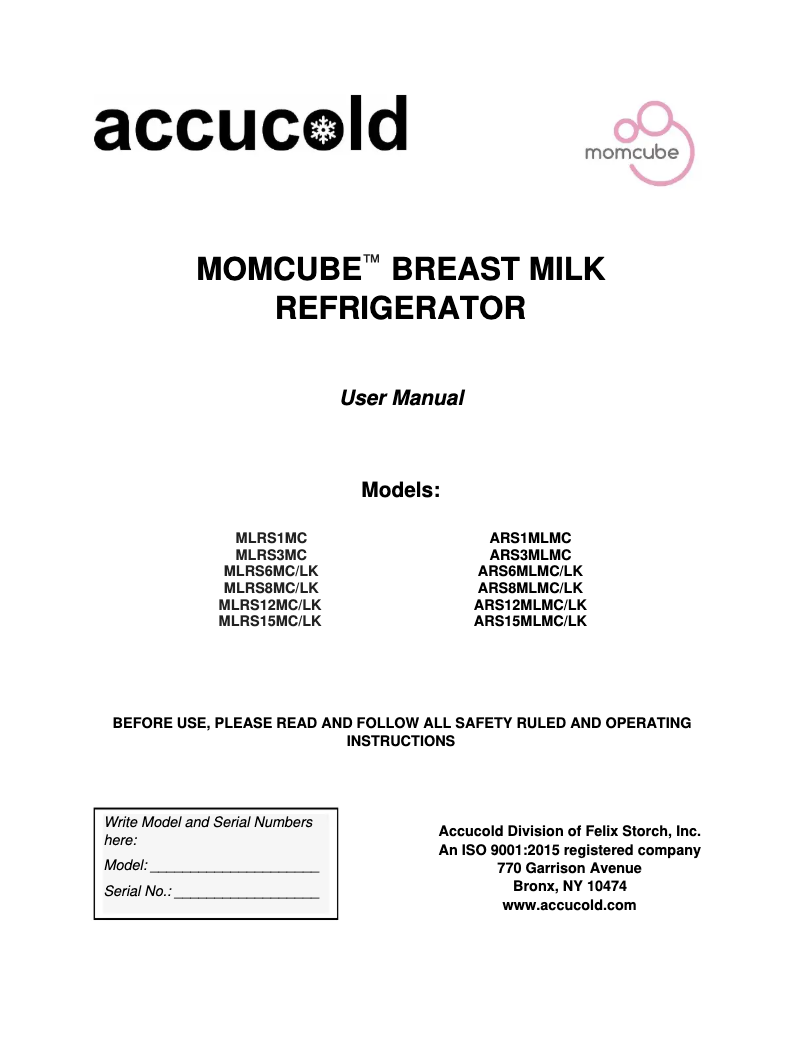 Page 1 de la notice Manuel utilisateur Accucold MLRS3MC