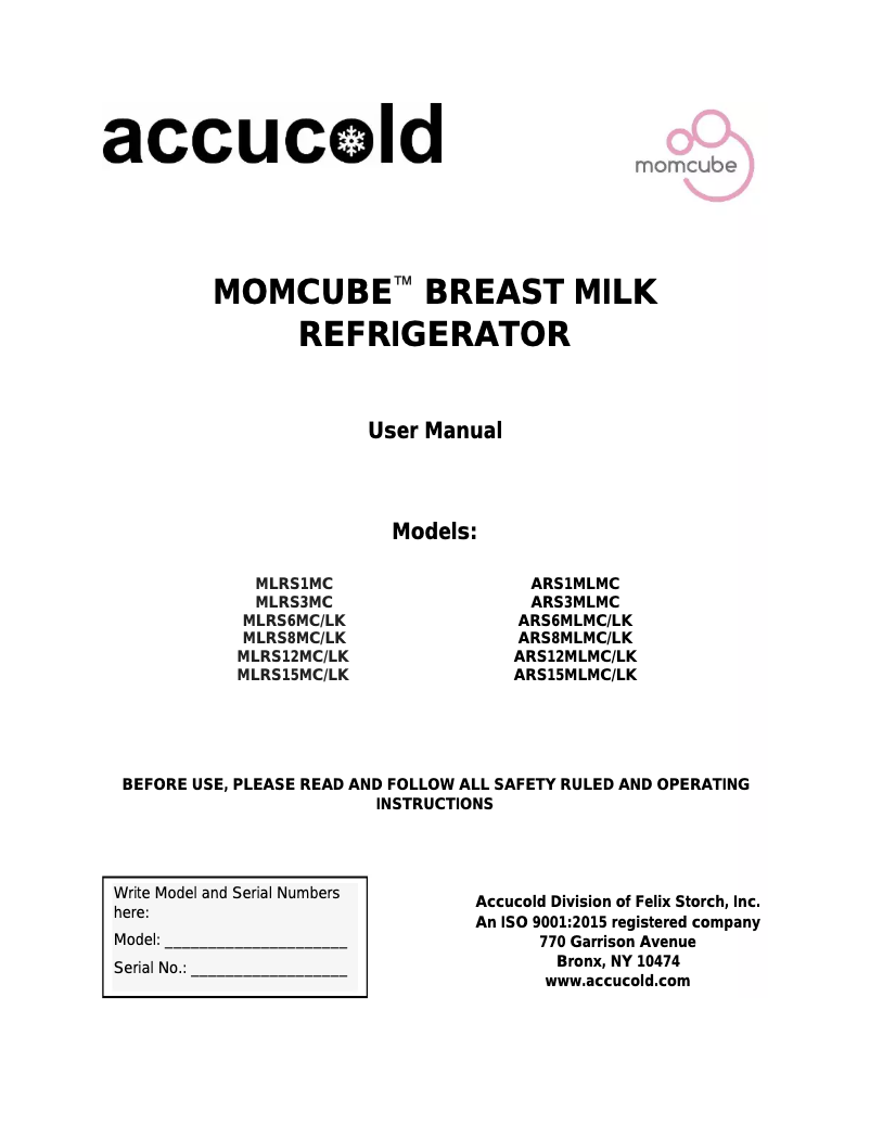 Page n°1 - Manuel utilisateur Accucold MLRS3MC