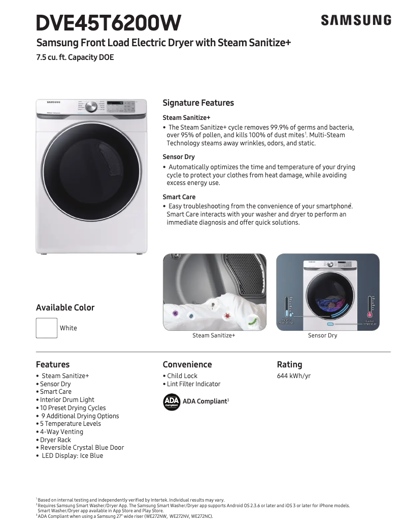 Page n°1 - Fiche technique Samsung DVE45T6200W/A3