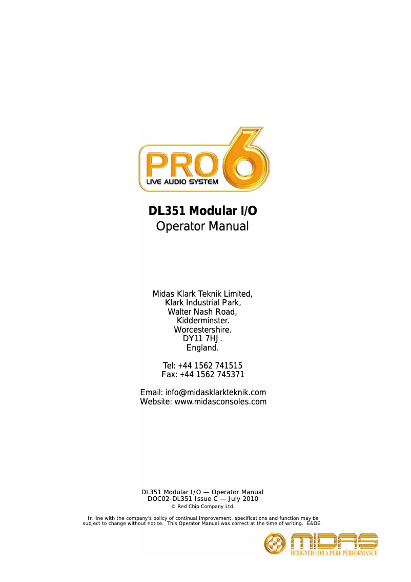Page n°1 - Manuel utilisateur Midas DL351PRO6
