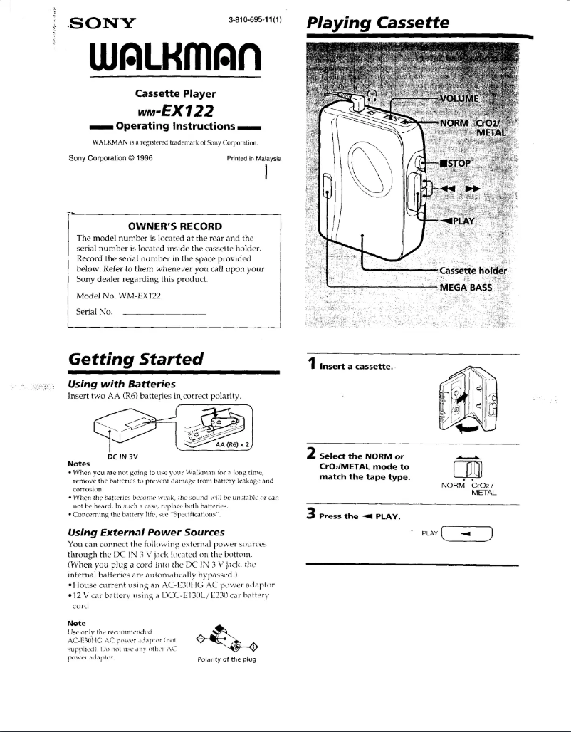 Página 1 del manual Manual de usuario Sony Walkman WM-EX122