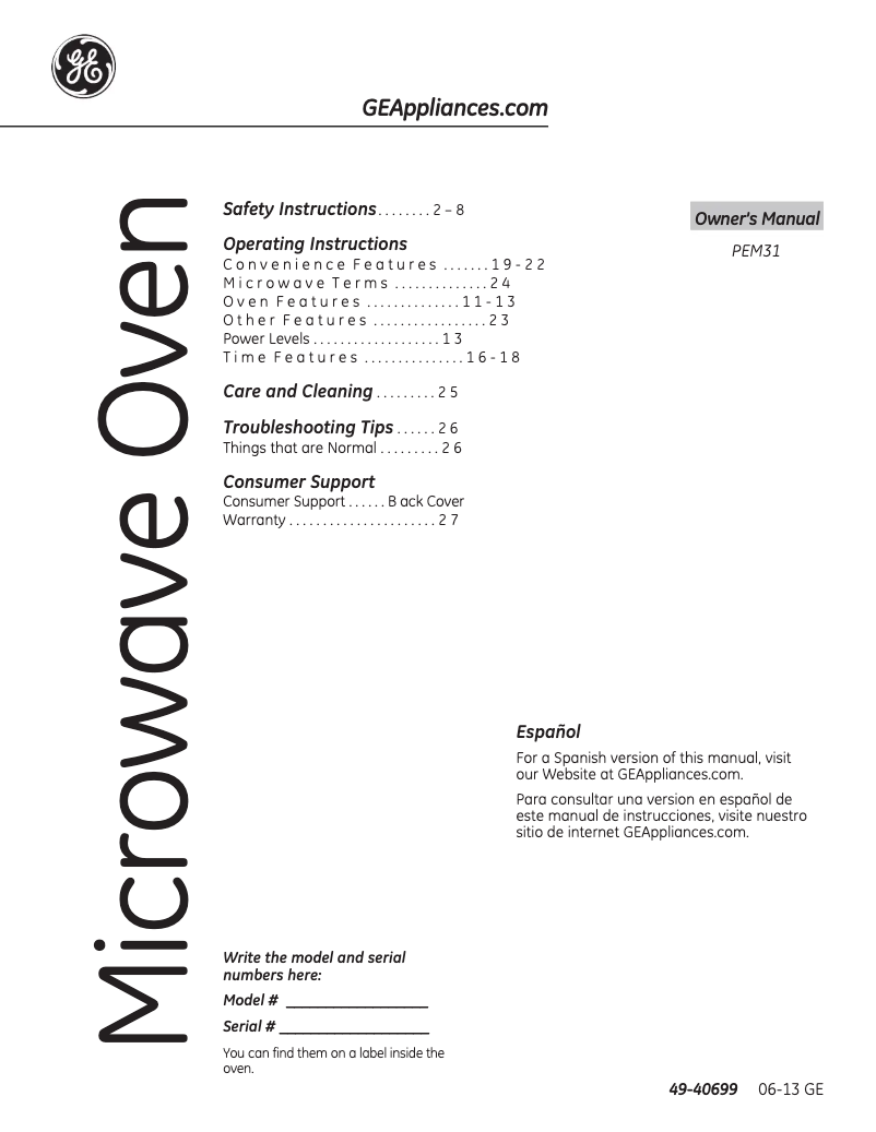 Page 1 de la notice Manuel utilisateur GE Profile PES7227DLWW