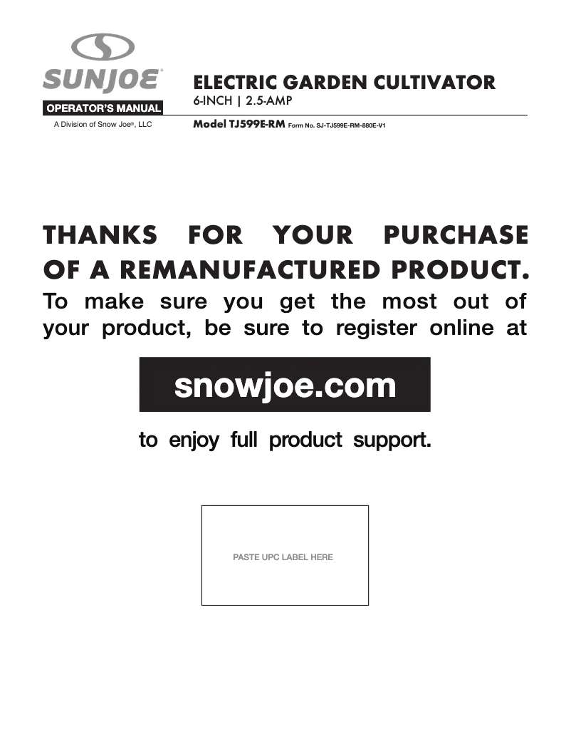 Page n°1 - Manuel utilisateur Sun Joe TJ599E-RM