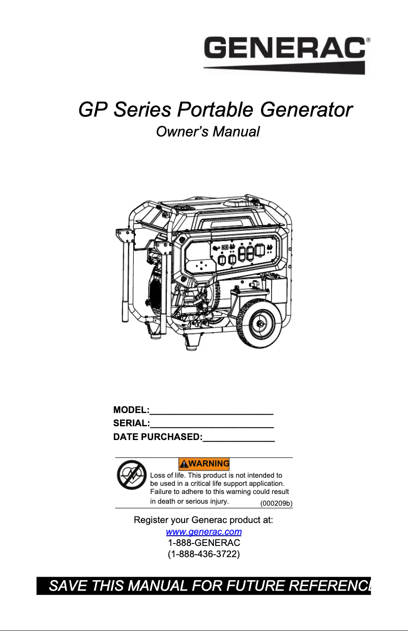 Page n°1 - Manuel utilisateur Generac GP15500EFI