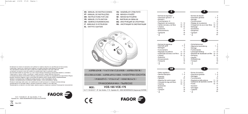 Page 1 de la notice Manuel utilisateur Fagor VCE-175