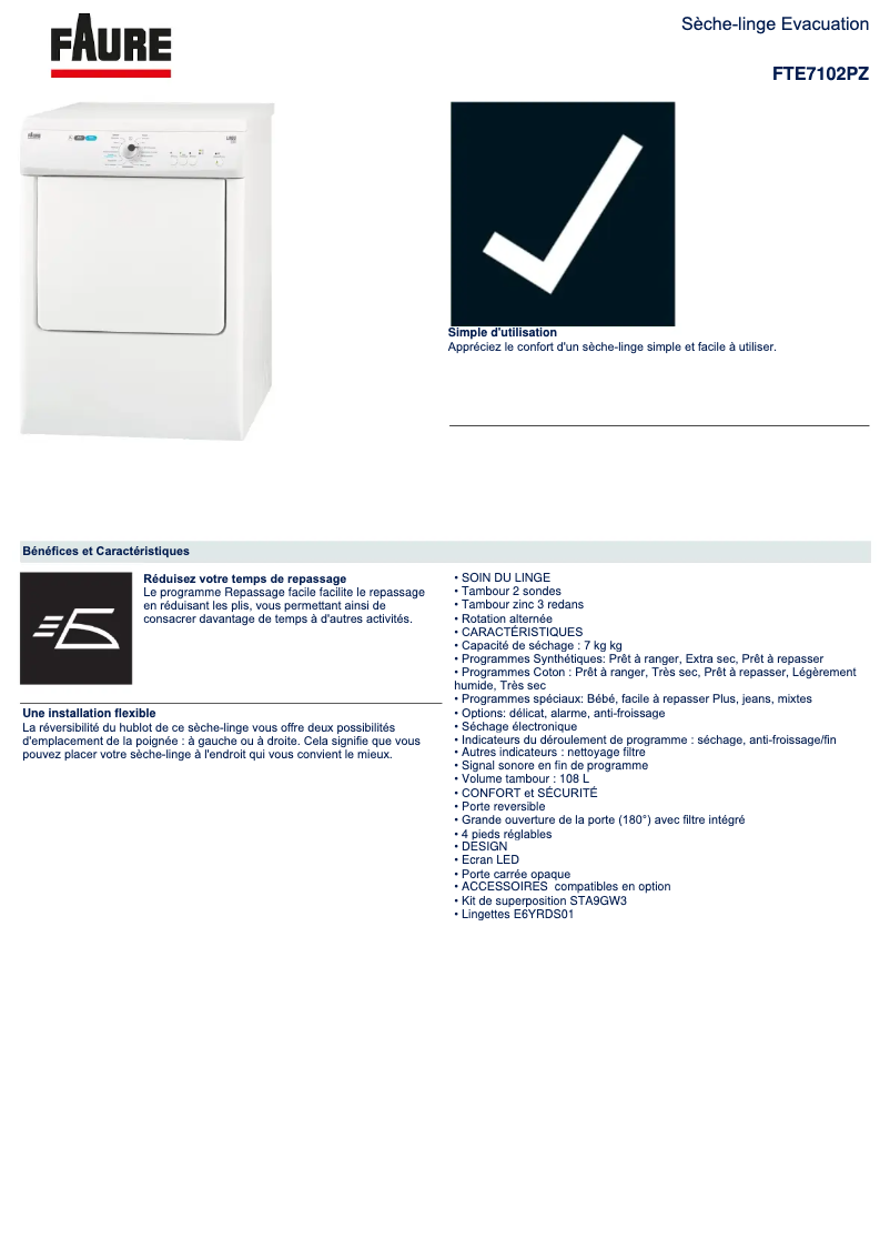 Page 1 de la notice Fiche technique Electrolux FTE7102PZ