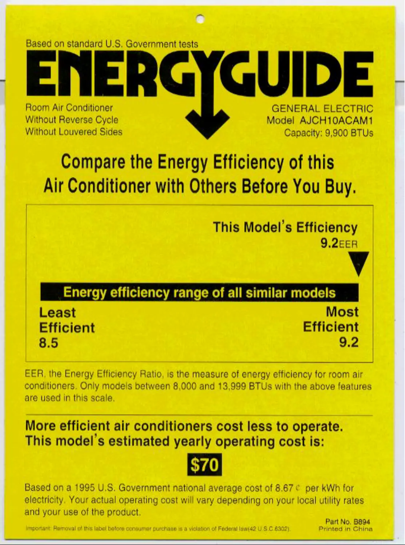 Page 1 de la notice Label énergétique GE AJCH10AC