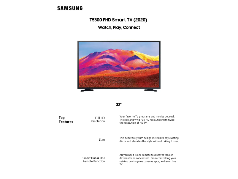 Page 1 de la notice Fiche technique Samsung UA32T5300AW