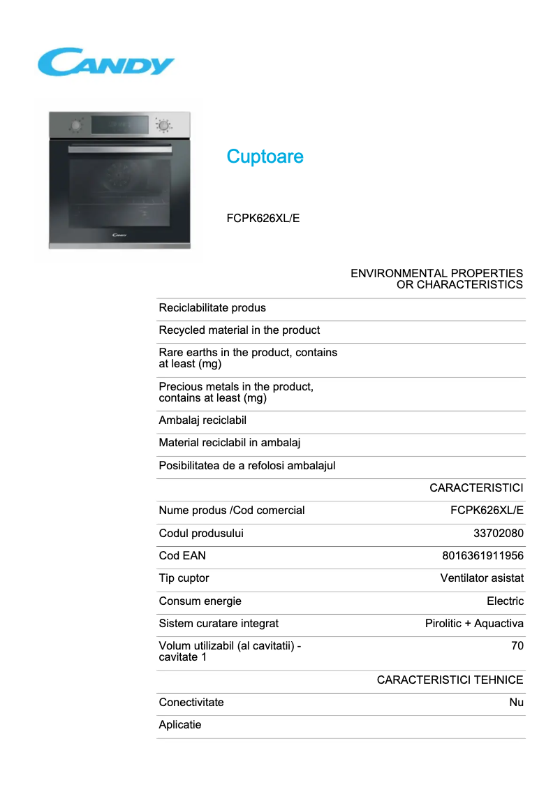 Page 1 de la notice Fiche technique Candy FCPK626XL/E