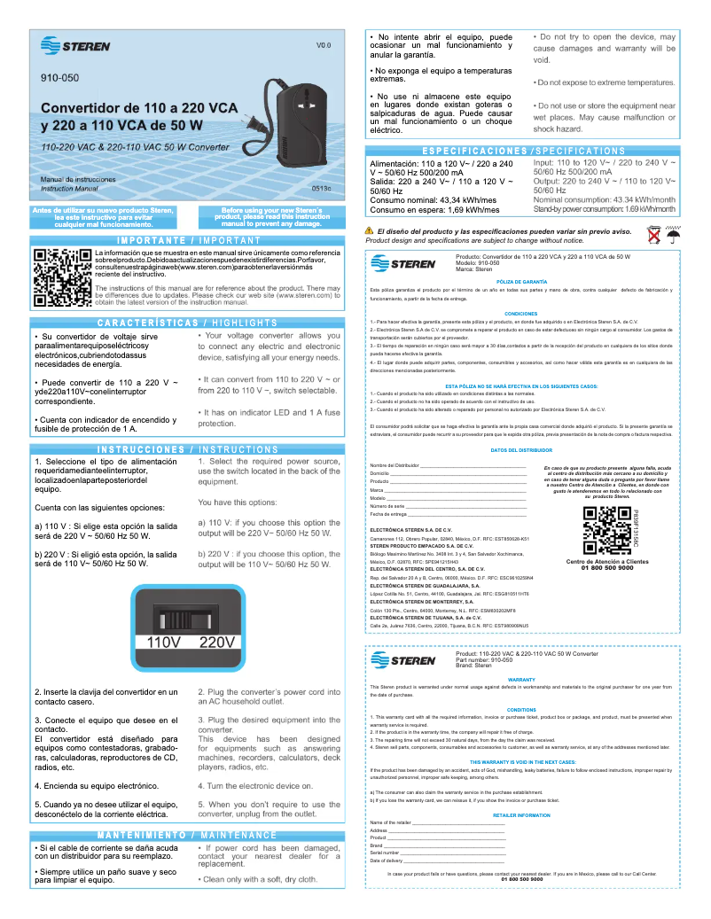 Page n°1 - Manuel utilisateur Steren 910-050