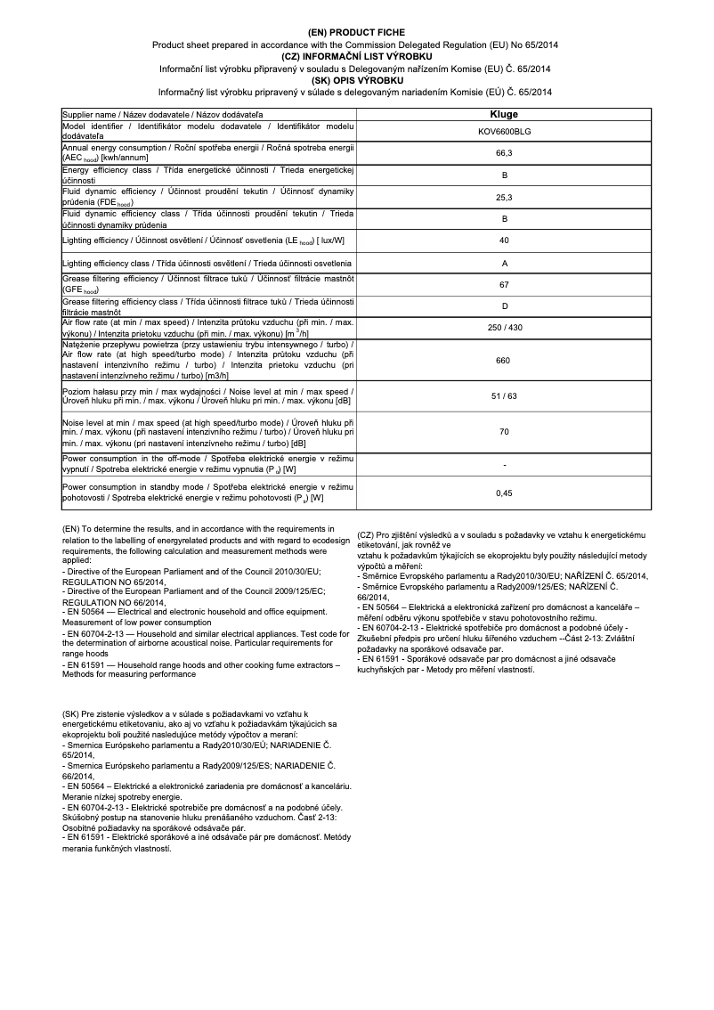 Page 1 de la notice Fiche technique Kluge KOV6600BLG