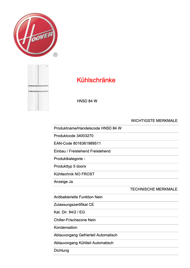 Página 1 del manual Ficha técnica Hoover HN5D 72 B