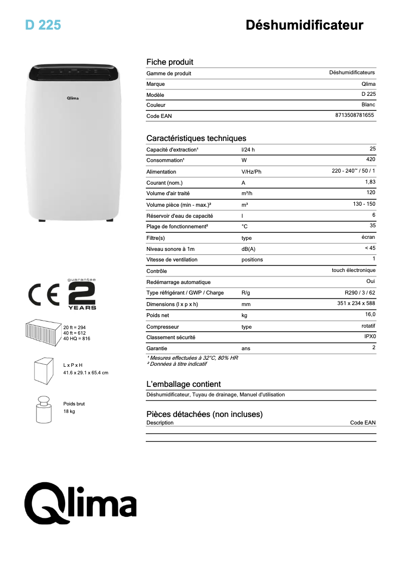 Página 1 del manual Ficha técnica Qlima D 225